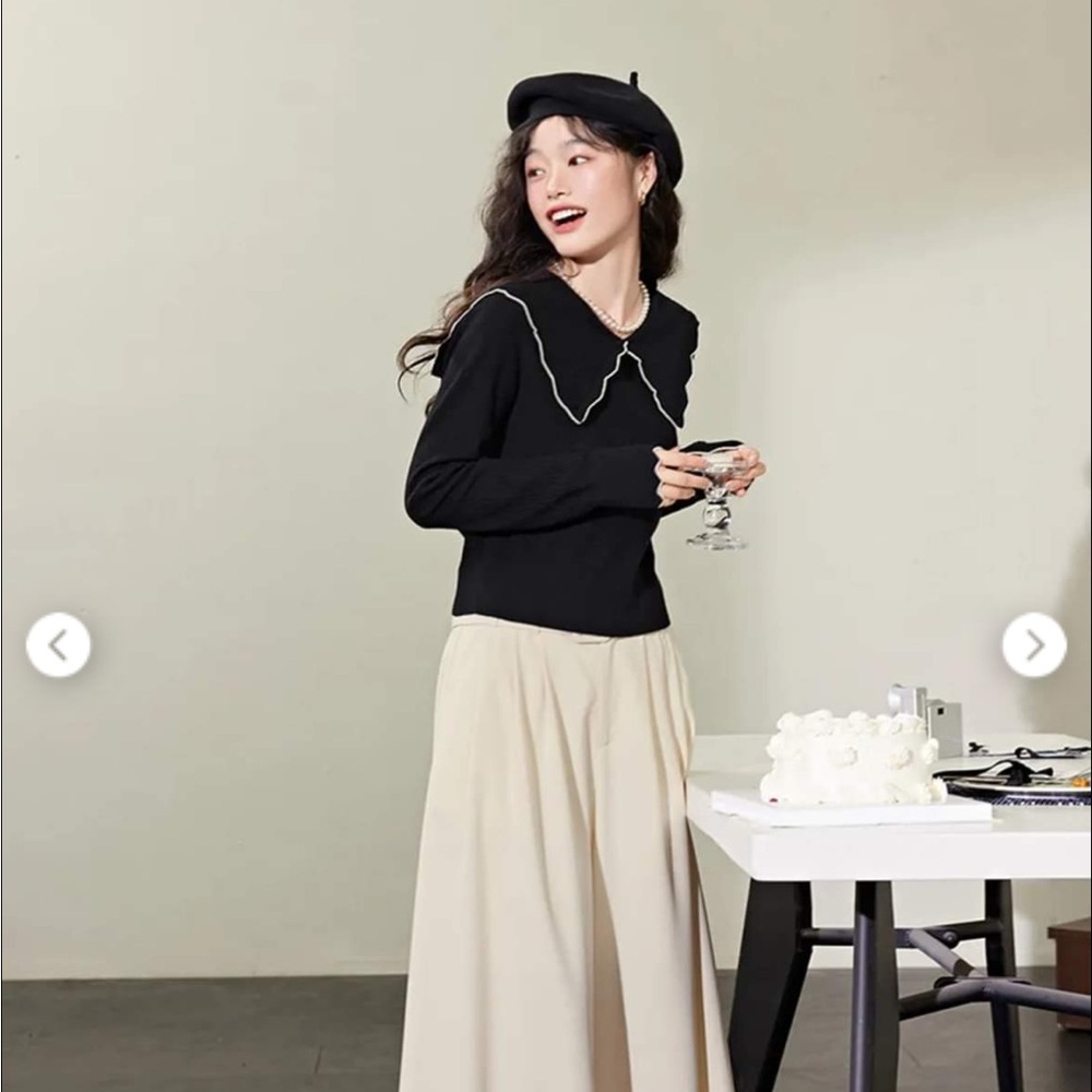 KUOSE Black Collared Knit Sweater Top